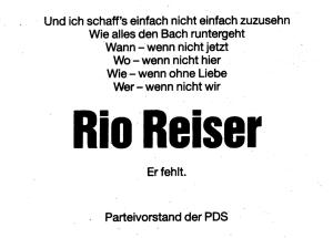 Anzeige des PDS-Parteivorstandes zum Tod Rio Reisers